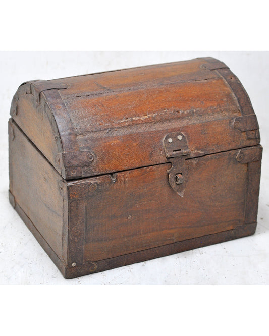 Vintage Wooden Half Round Top Small Storage Box Original Old Metal Fitted