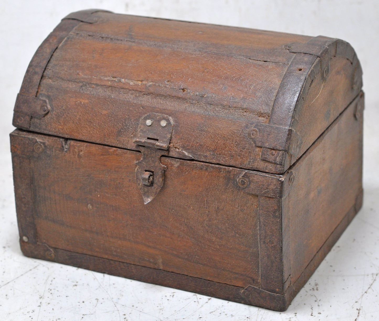 Vintage Wooden Half Round Top Small Storage Box Original Old Metal Fitted