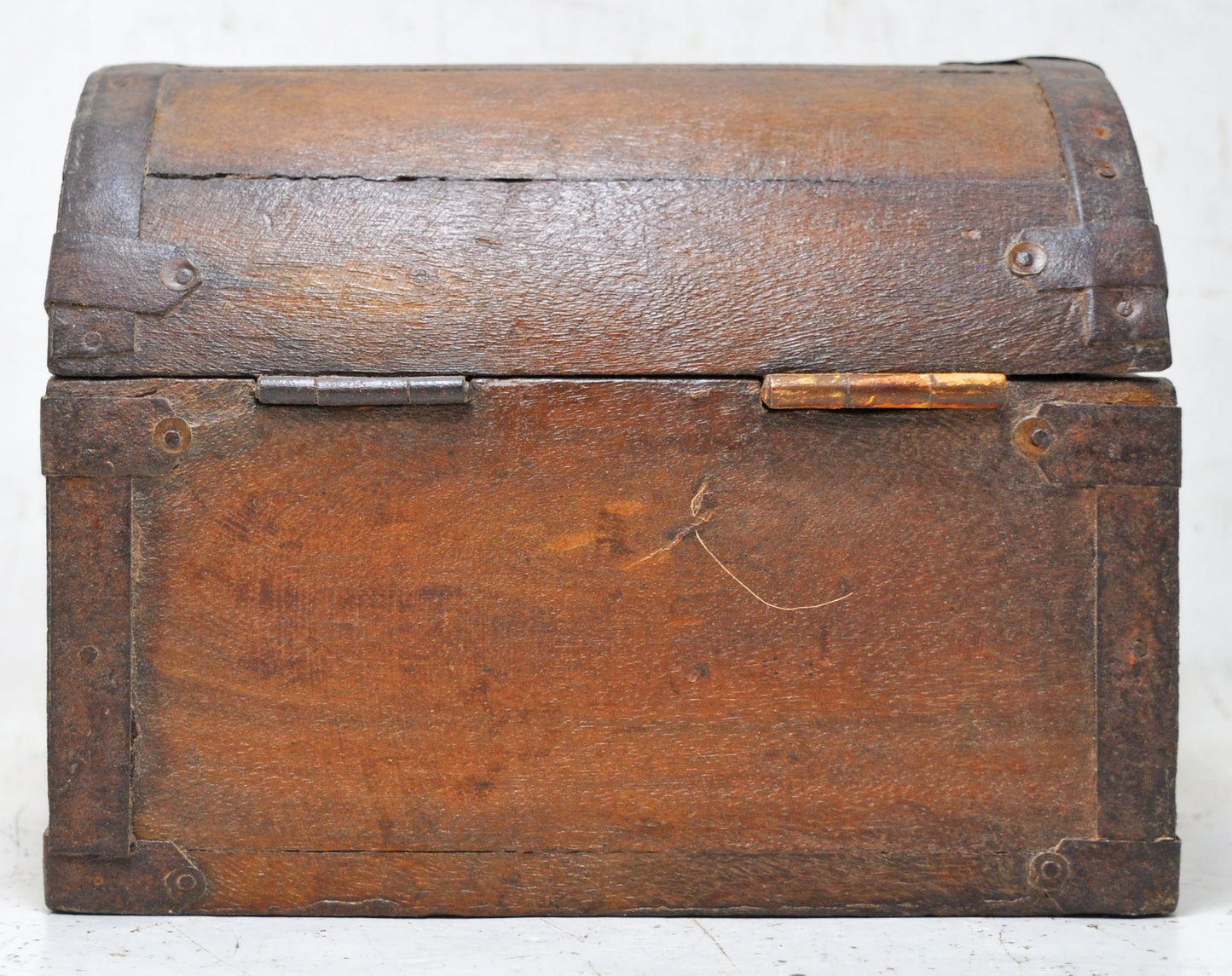 Vintage Wooden Half Round Top Small Storage Box Original Old Metal Fitted