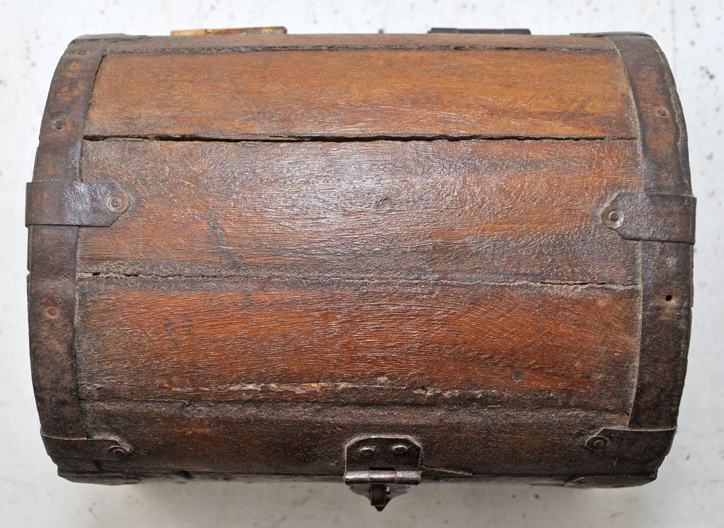 Vintage Wooden Half Round Top Small Storage Box Original Old Metal Fitted