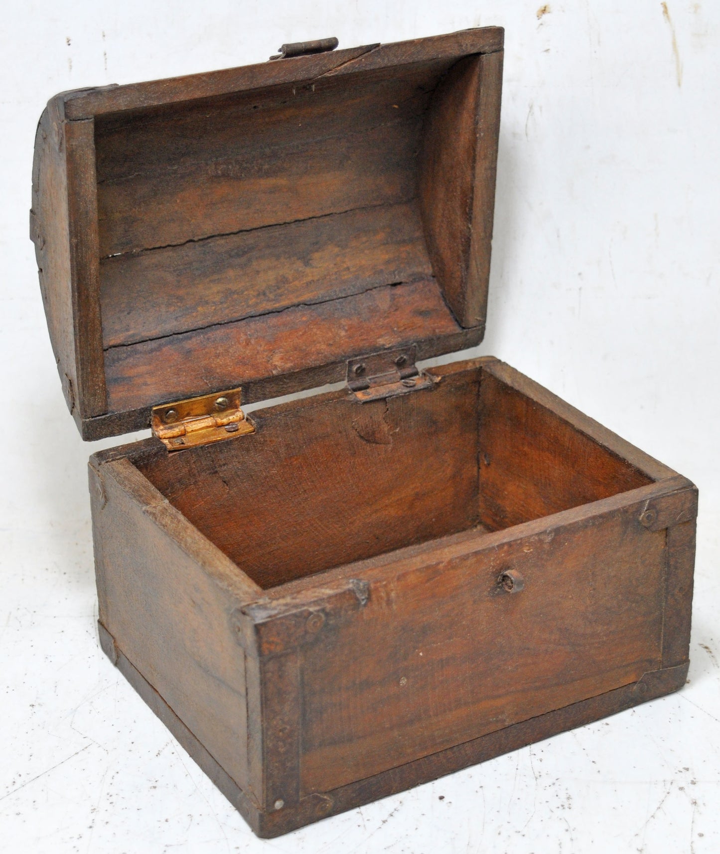 Vintage Wooden Half Round Top Small Storage Box Original Old Metal Fitted