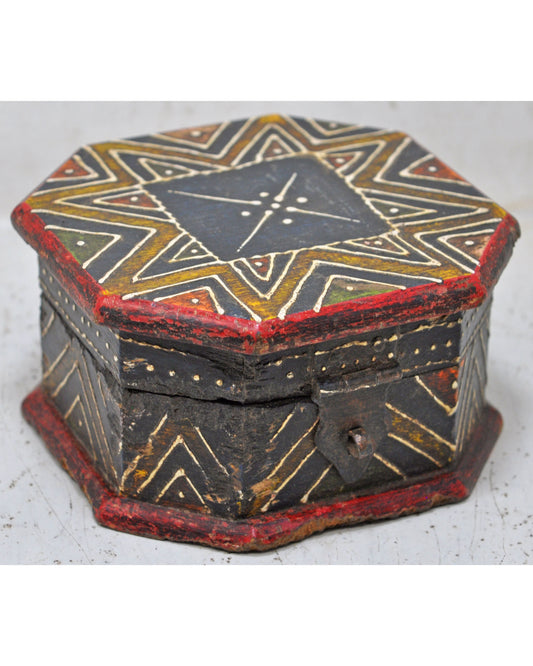 Vintage Wooden Octagonal Small Storage Box Original Old Hand Crafted Painted