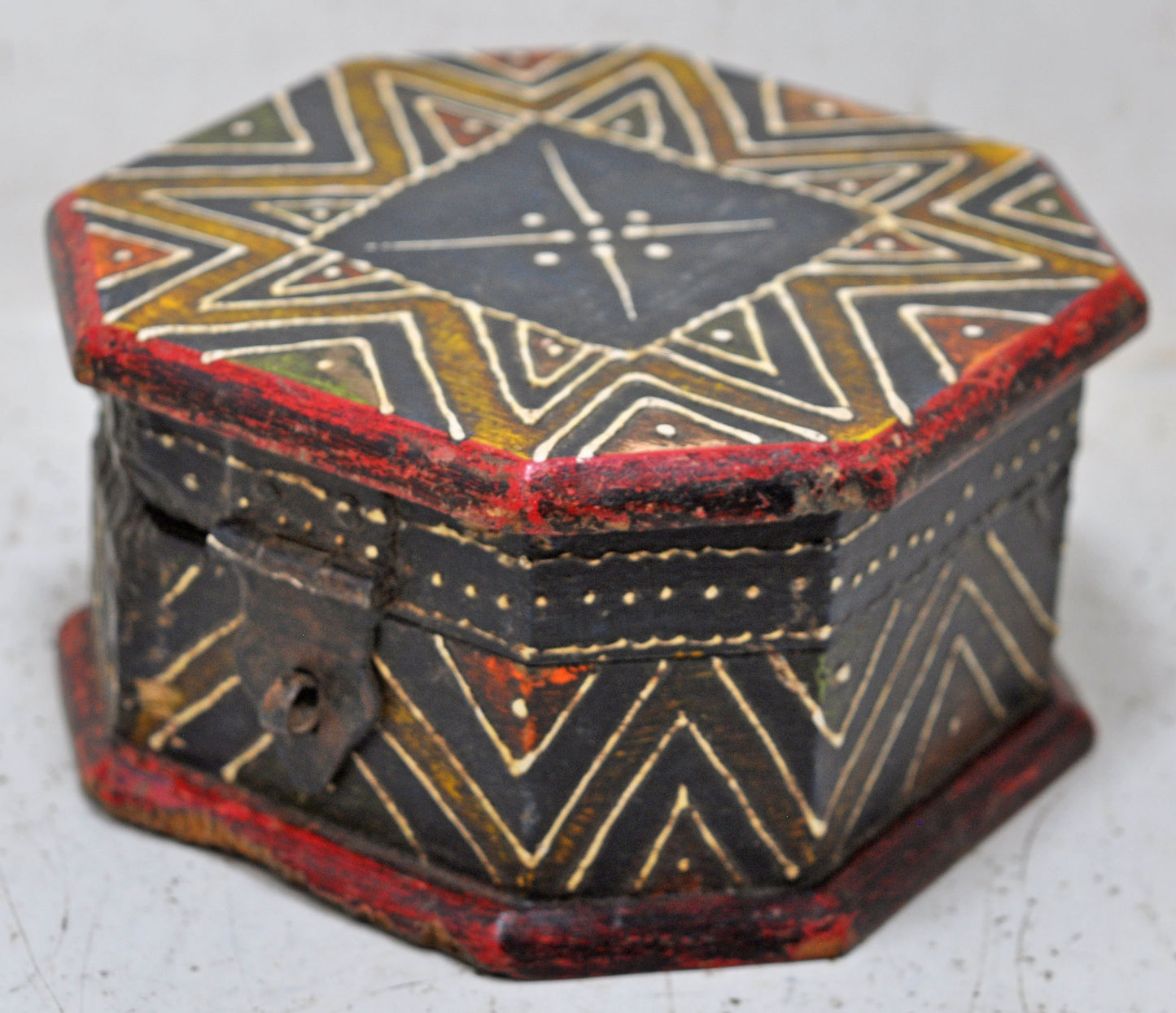 Vintage Wooden Octagonal Small Storage Box Original Old Hand Crafted Painted