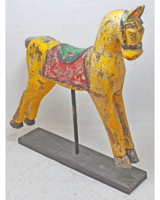 Hand Carved Fine Wooden Horse Figurine Large Size Rustic Yellow Painted