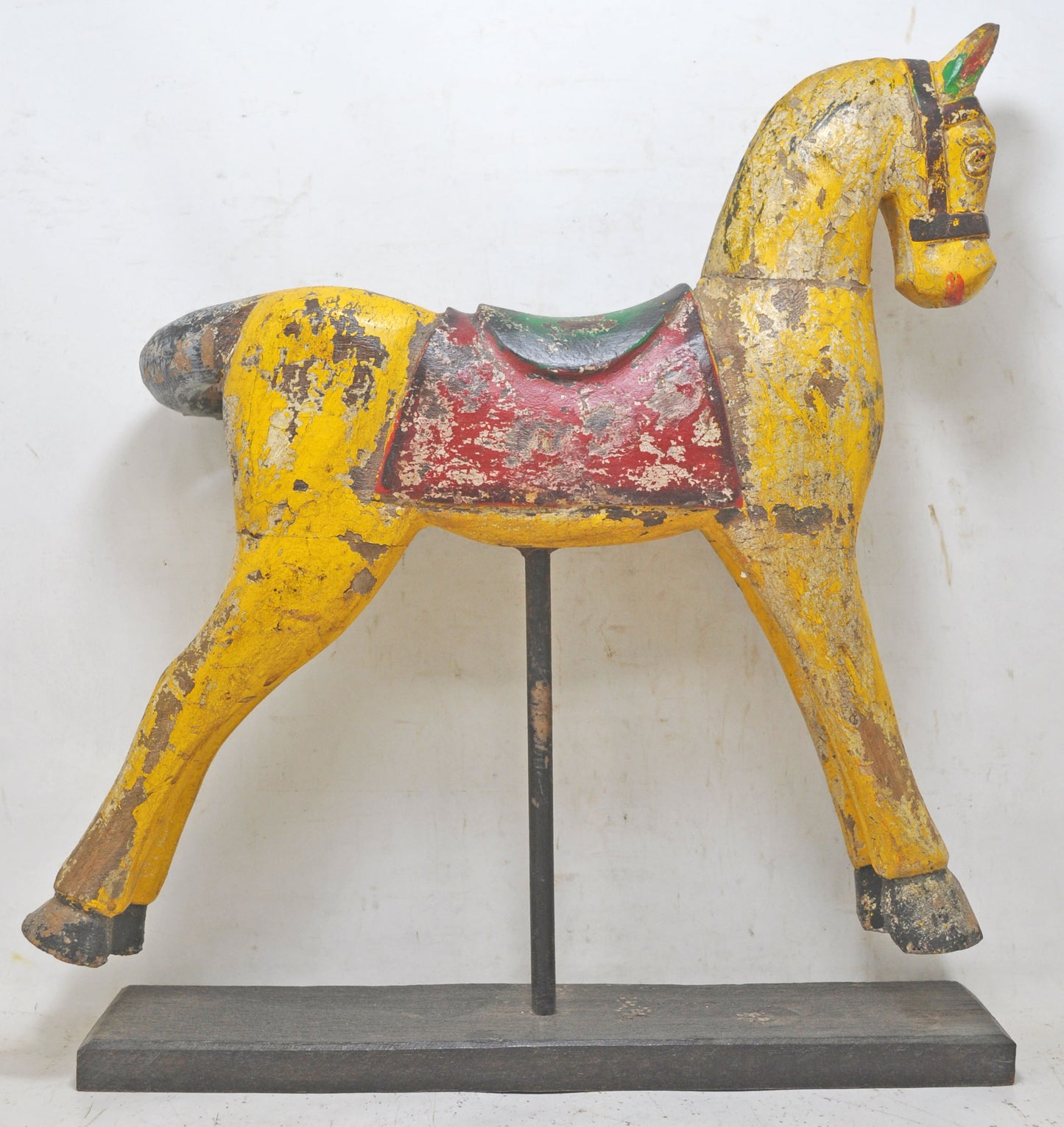 Hand Carved Fine Wooden Horse Figurine Large Size Rustic Yellow Painted