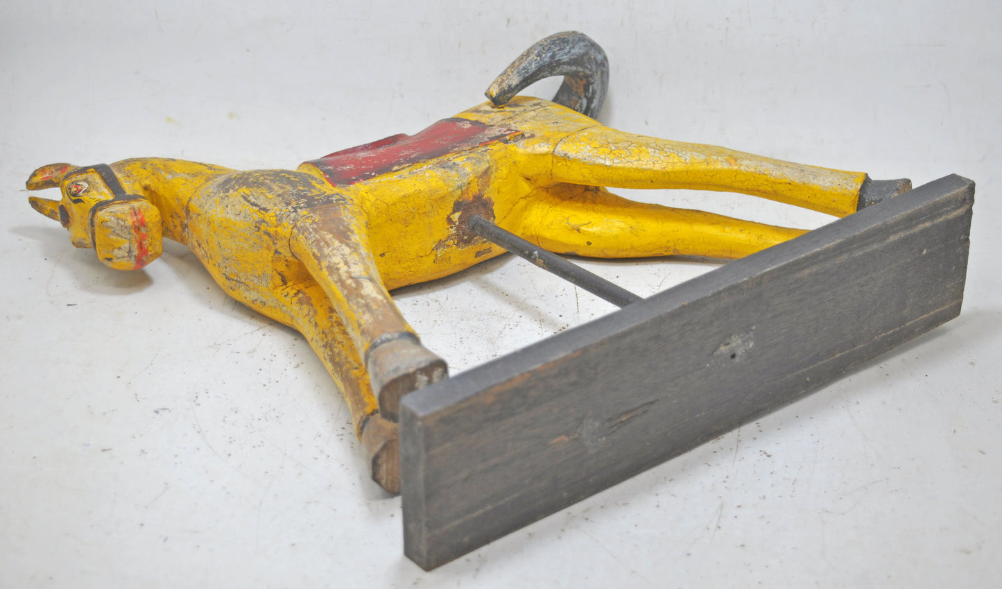 Hand Carved Fine Wooden Horse Figurine Large Size Rustic Yellow Painted