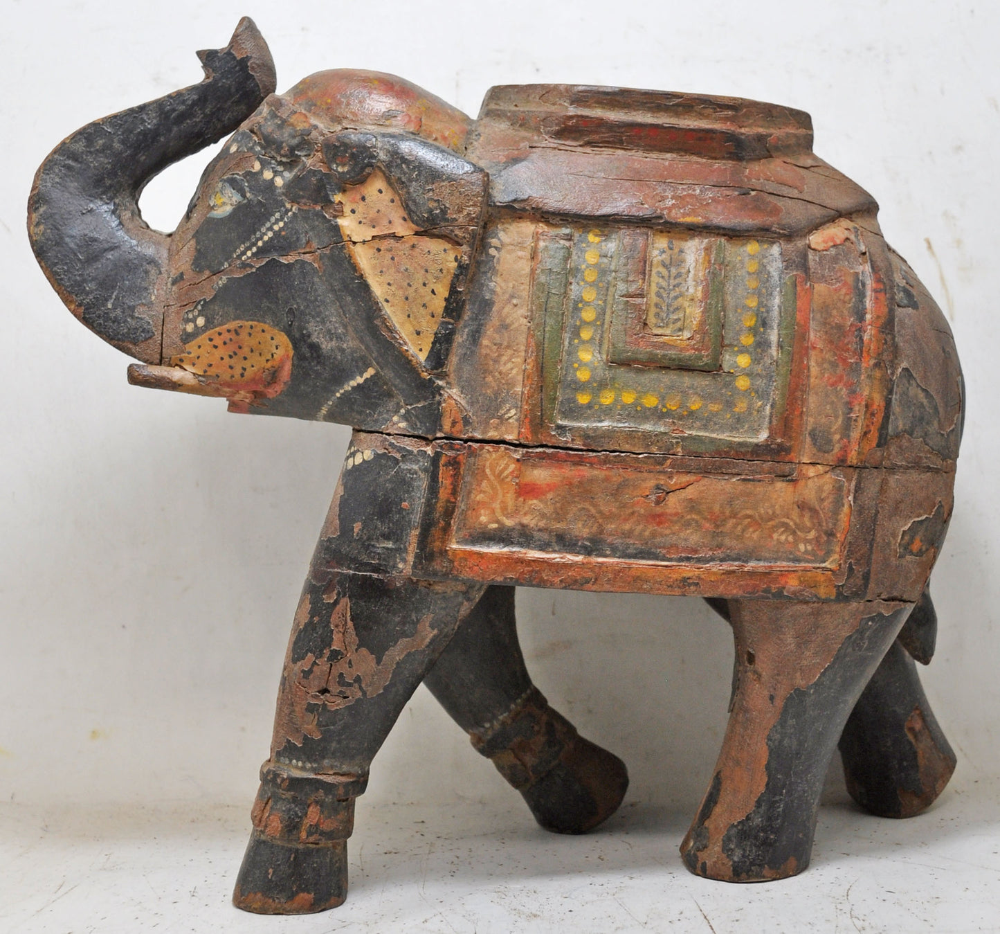 Vintage Wooden Large Heavy Elephant Figurine Original Old Hand Carved Painted