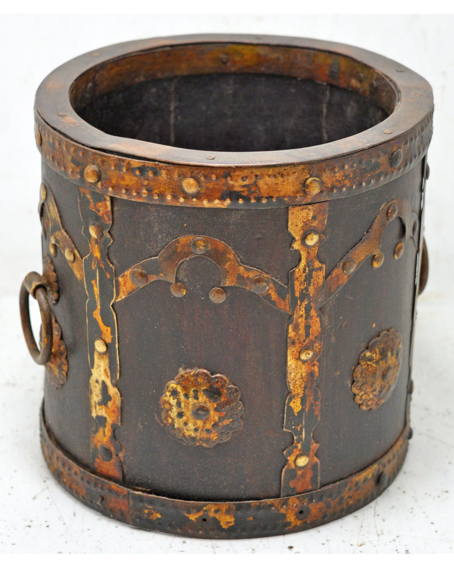 Antique Wooden Round Grain Mesaurement Paili Pot Original Old Brass Fitted