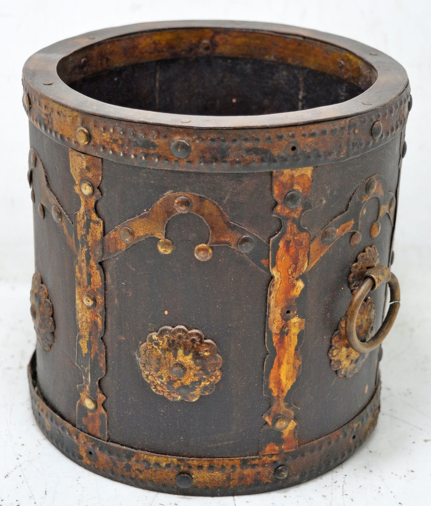 Antique Wooden Round Grain Mesaurement Paili Pot Original Old Brass Fitted