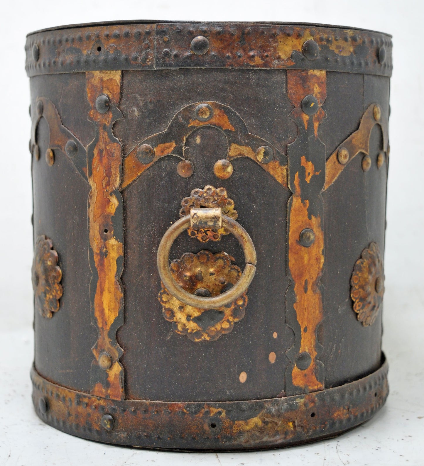 Antique Wooden Round Grain Mesaurement Paili Pot Original Old Brass Fitted