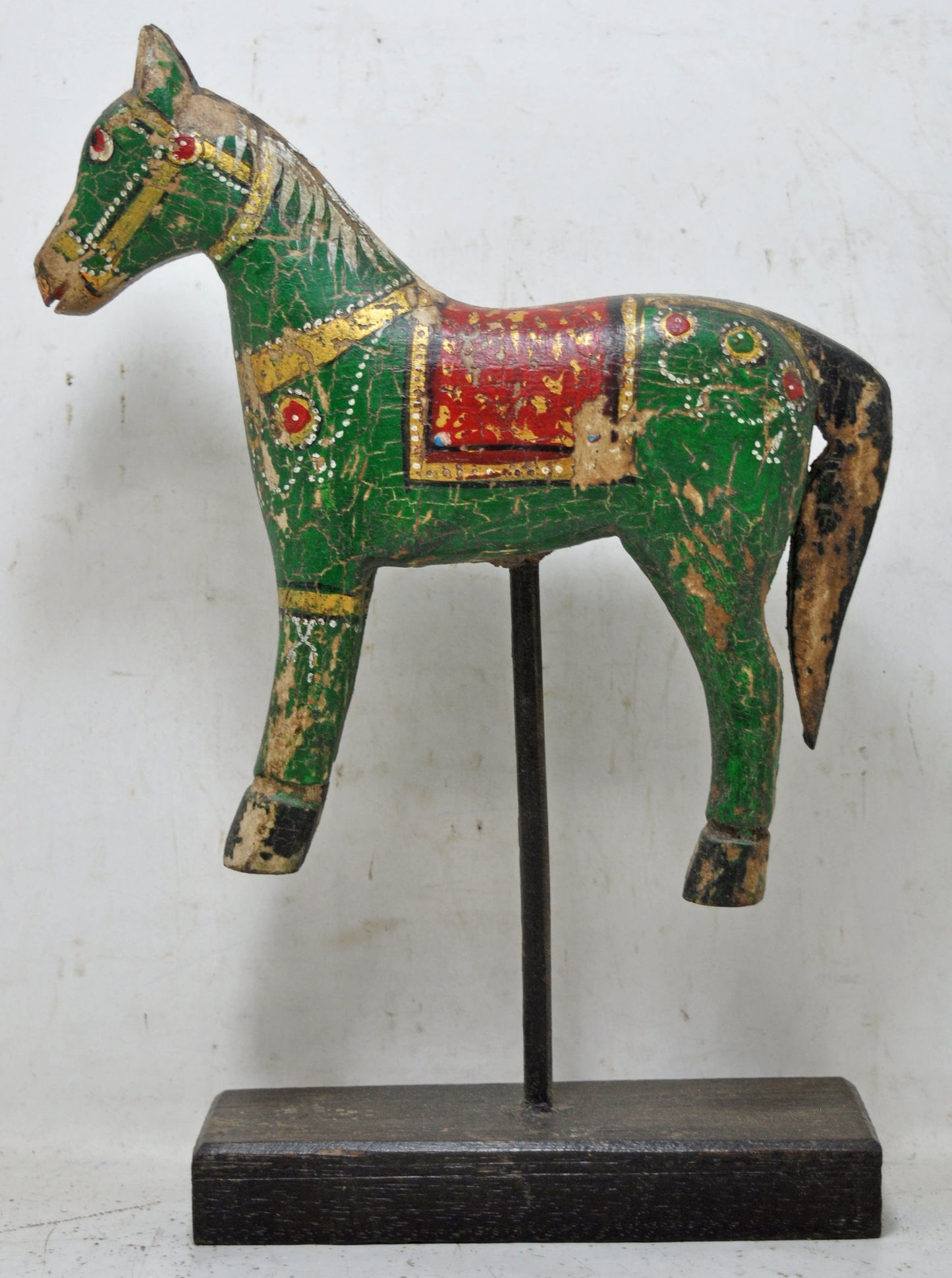 Hand Carved Wooden Horse Figurine on Stand Rustic Painted Green