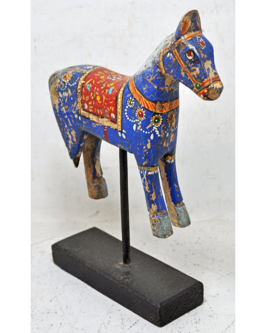 Hand Carved Wooden Horse Figurine on Stand Rustic Painted Blue