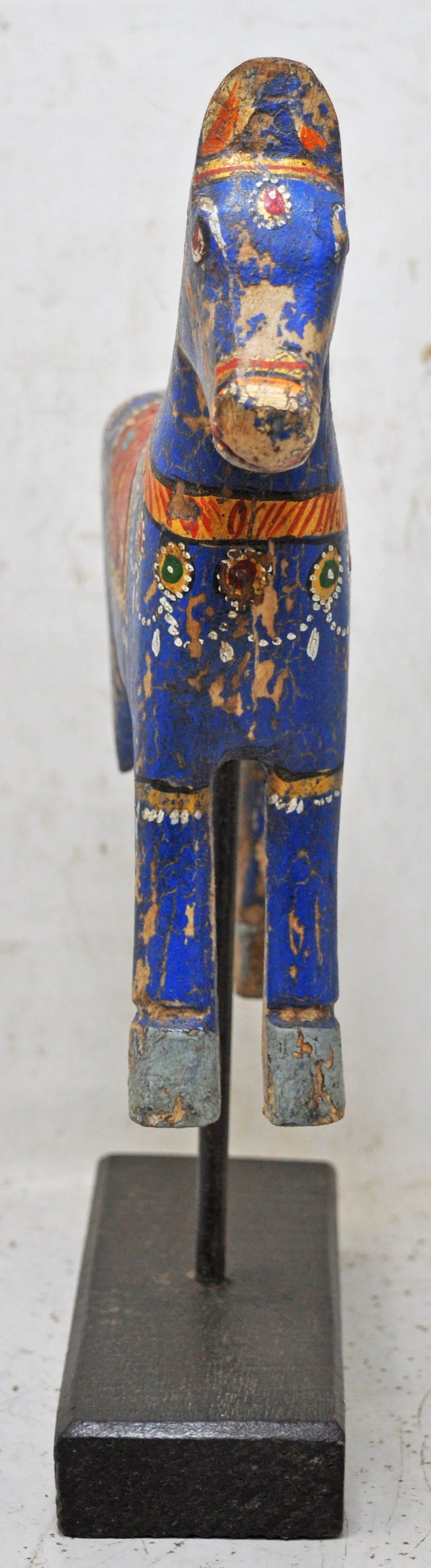 Hand Carved Wooden Horse Figurine on Stand Rustic Painted Blue