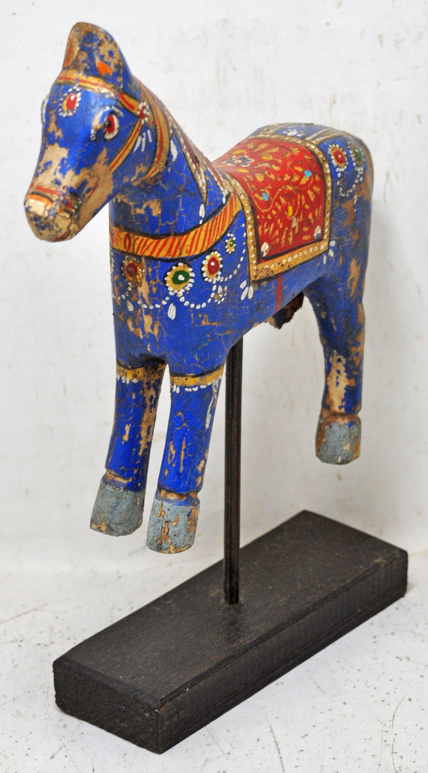 Hand Carved Wooden Horse Figurine on Stand Rustic Painted Blue