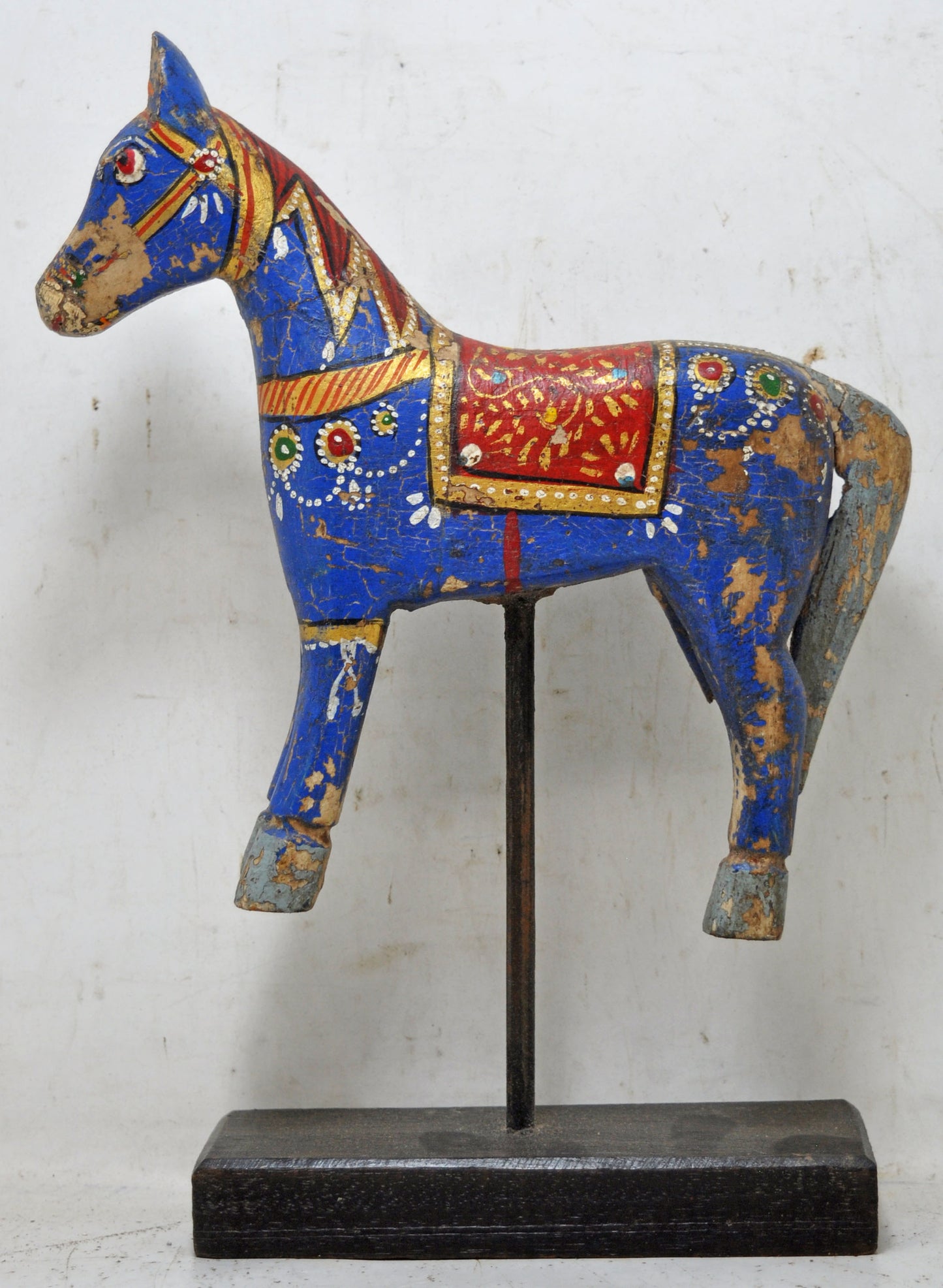 Hand Carved Wooden Horse Figurine on Stand Rustic Painted Blue