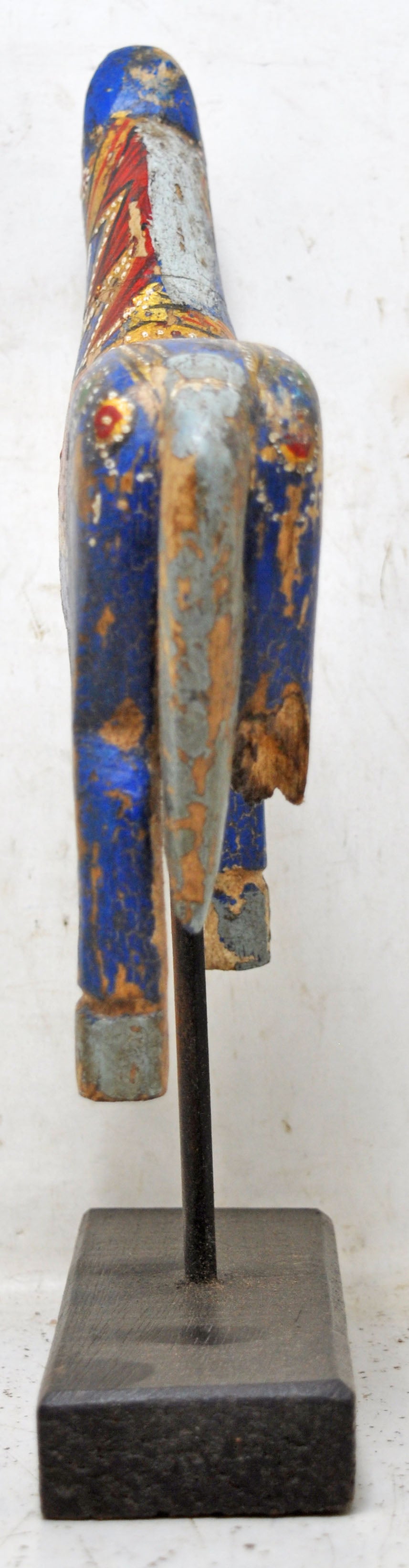 Hand Carved Wooden Horse Figurine on Stand Rustic Painted Blue