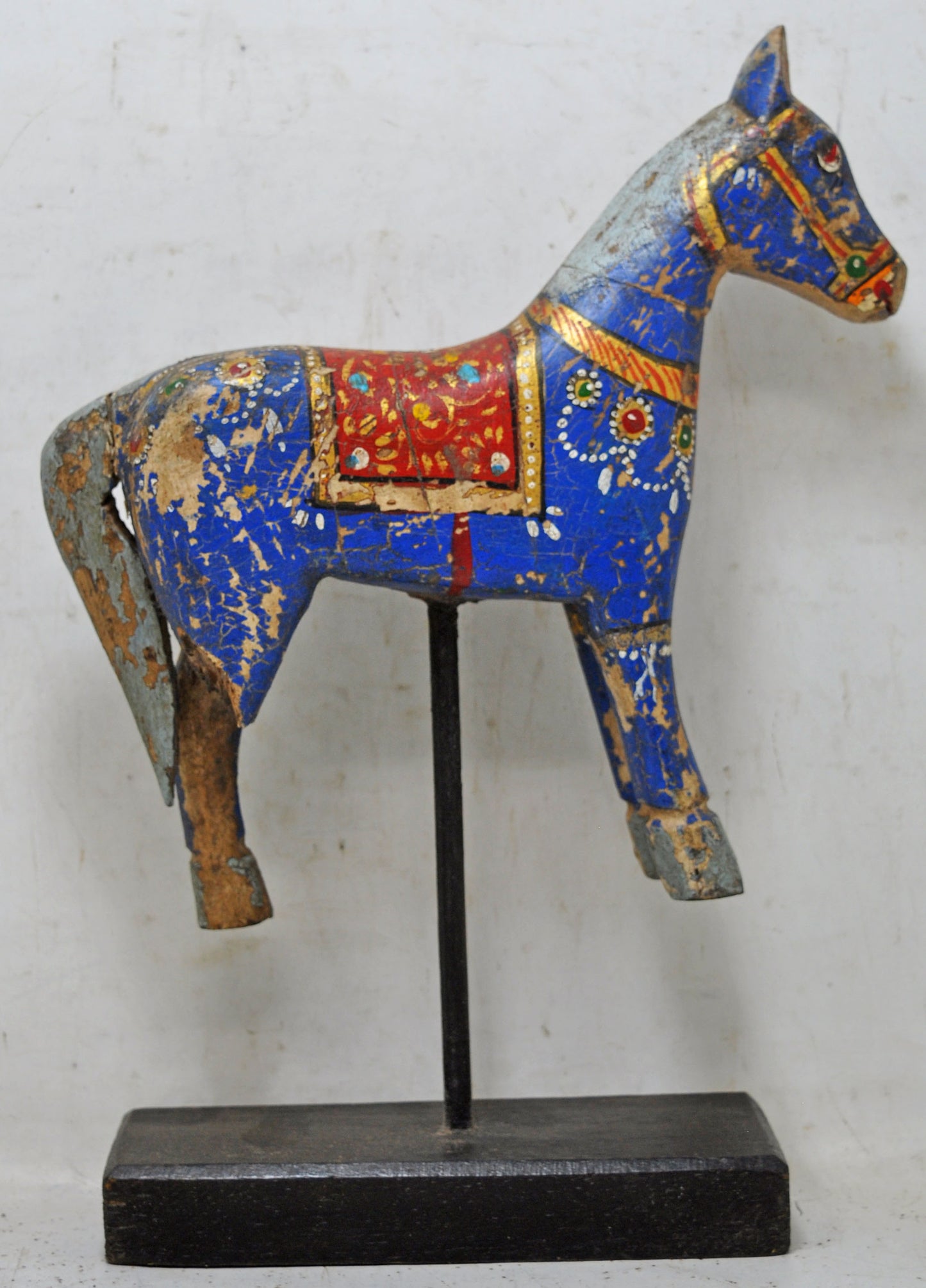 Hand Carved Wooden Horse Figurine on Stand Rustic Painted Blue