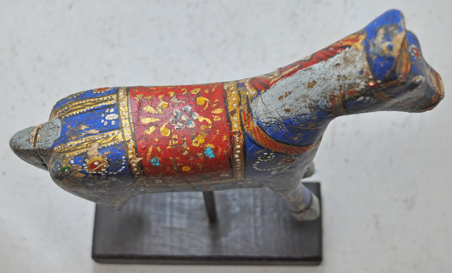 Hand Carved Wooden Horse Figurine on Stand Rustic Painted Blue