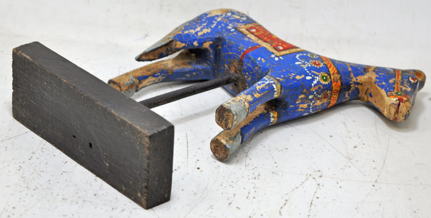Hand Carved Wooden Horse Figurine on Stand Rustic Painted Blue