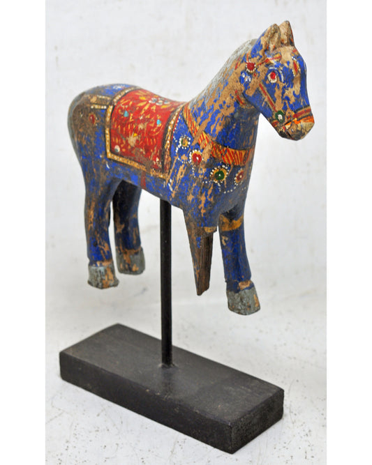 Hand Carved Wooden Horse Figurine on Stand Rustic Painted Blue