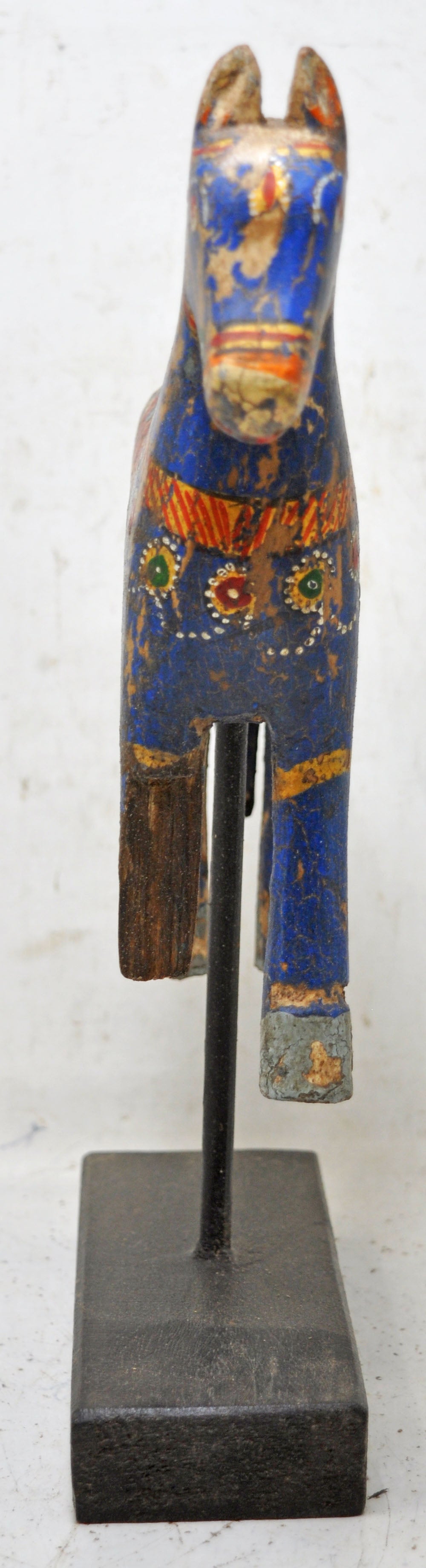 Hand Carved Wooden Horse Figurine on Stand Rustic Painted Blue