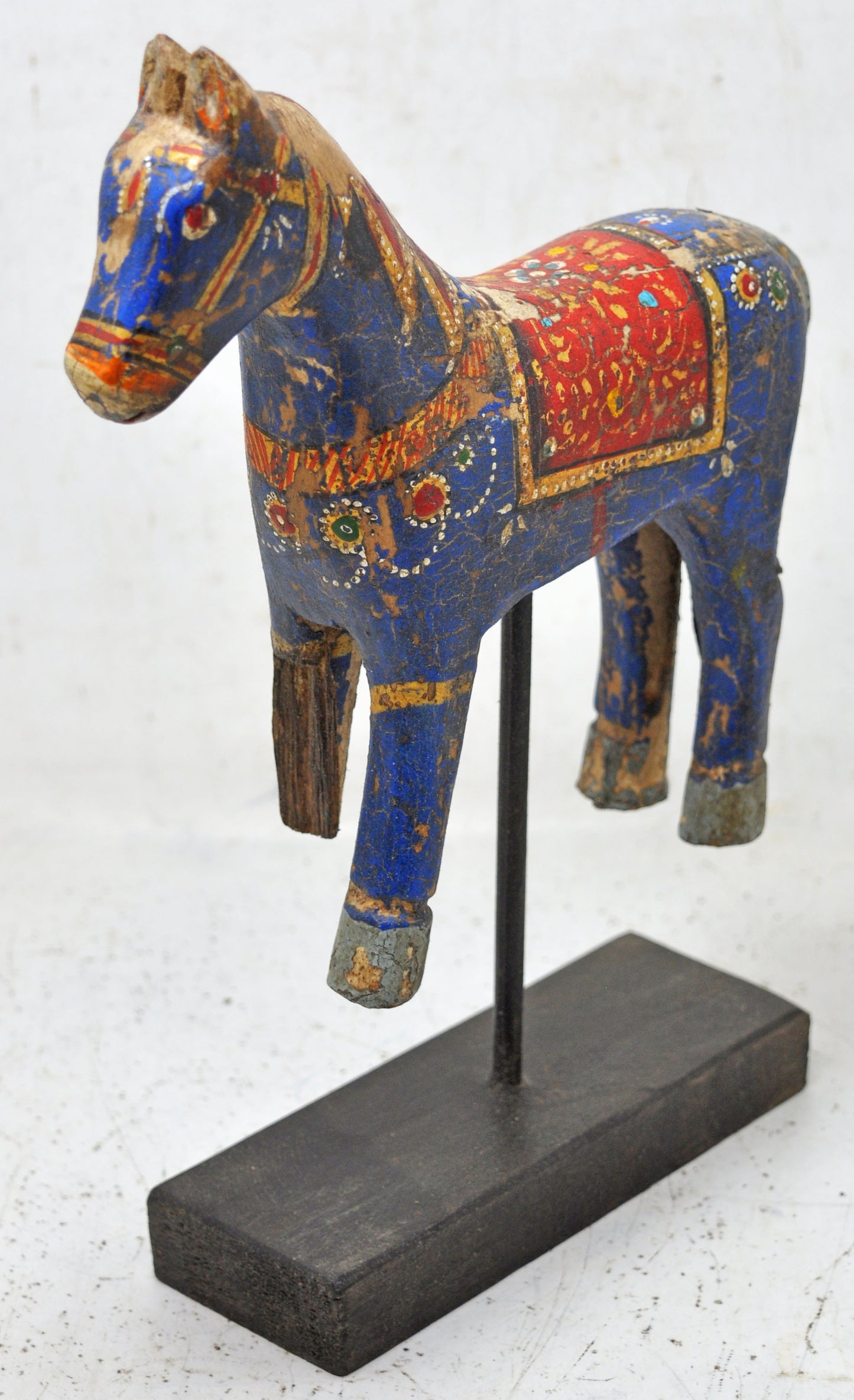 Hand Carved Wooden Horse Figurine on Stand Rustic Painted Blue
