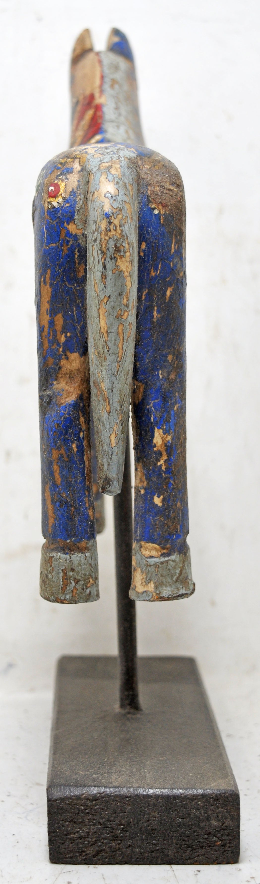 Hand Carved Wooden Horse Figurine on Stand Rustic Painted Blue