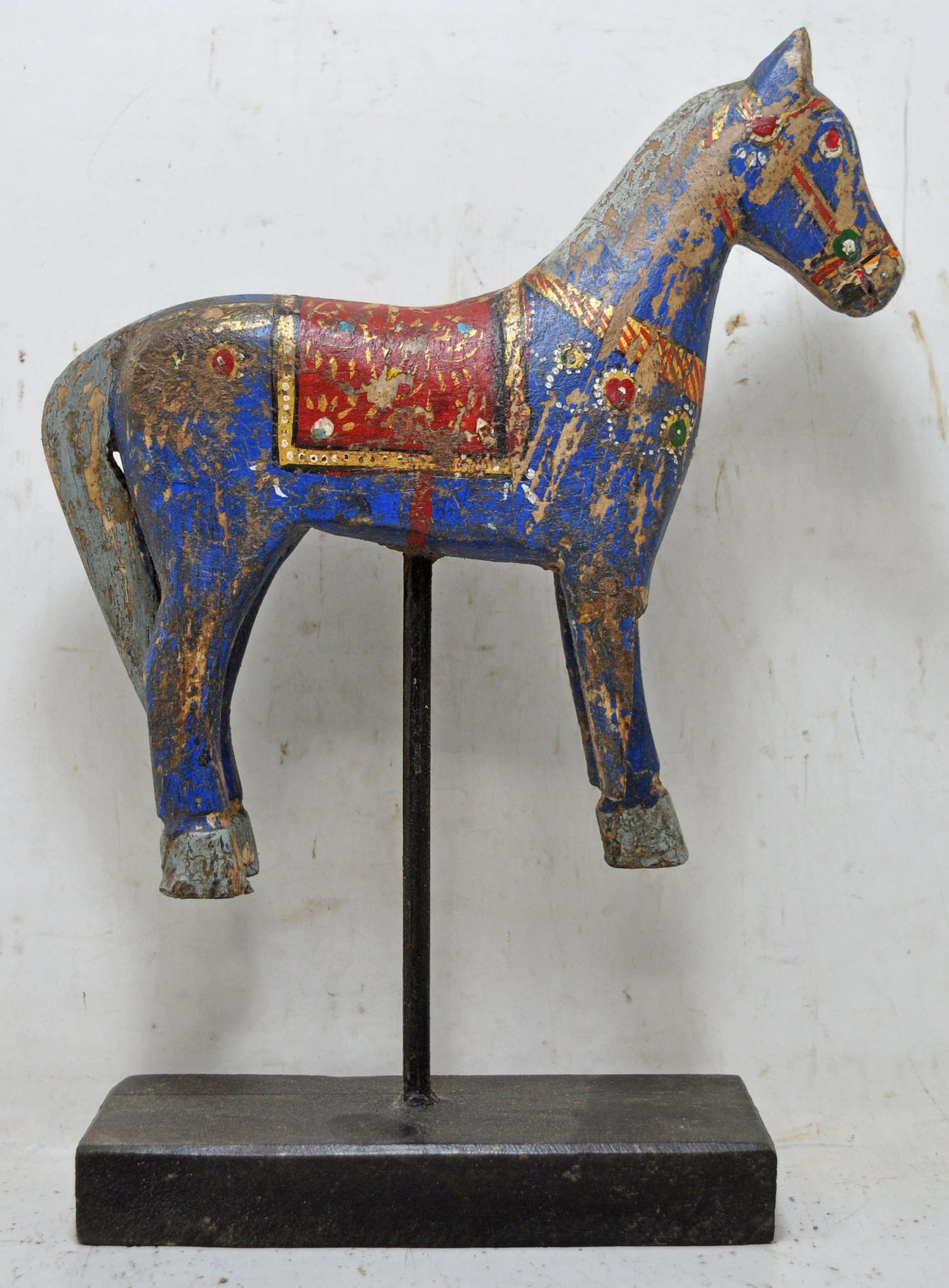 Hand Carved Wooden Horse Figurine on Stand Rustic Painted Blue