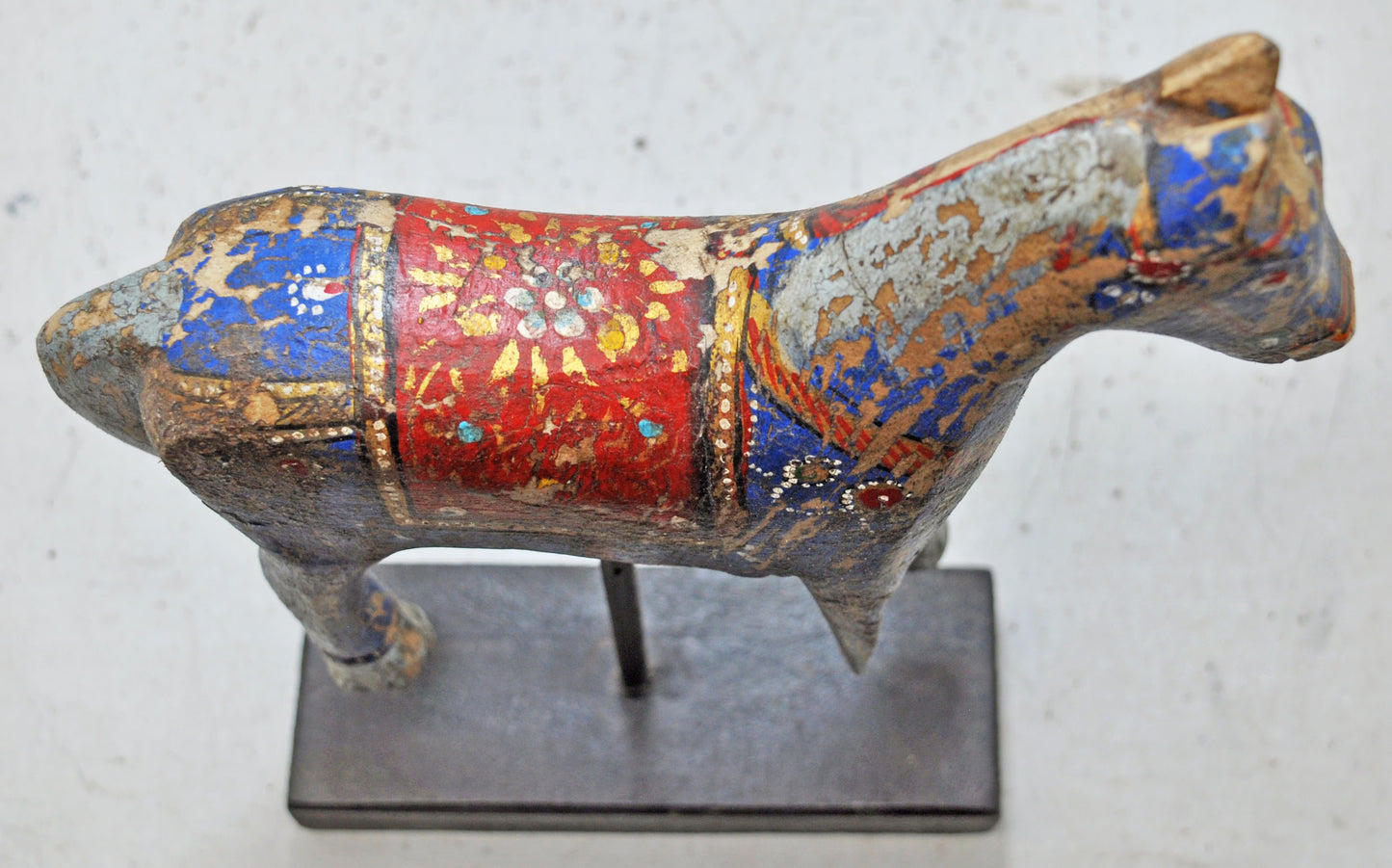 Hand Carved Wooden Horse Figurine on Stand Rustic Painted Blue