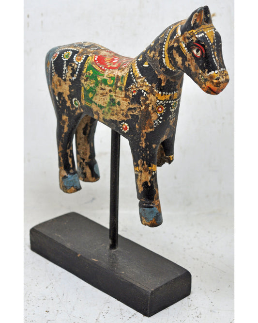 Hand Carved Wooden Horse Figurine on Stand Rustic Painted Black