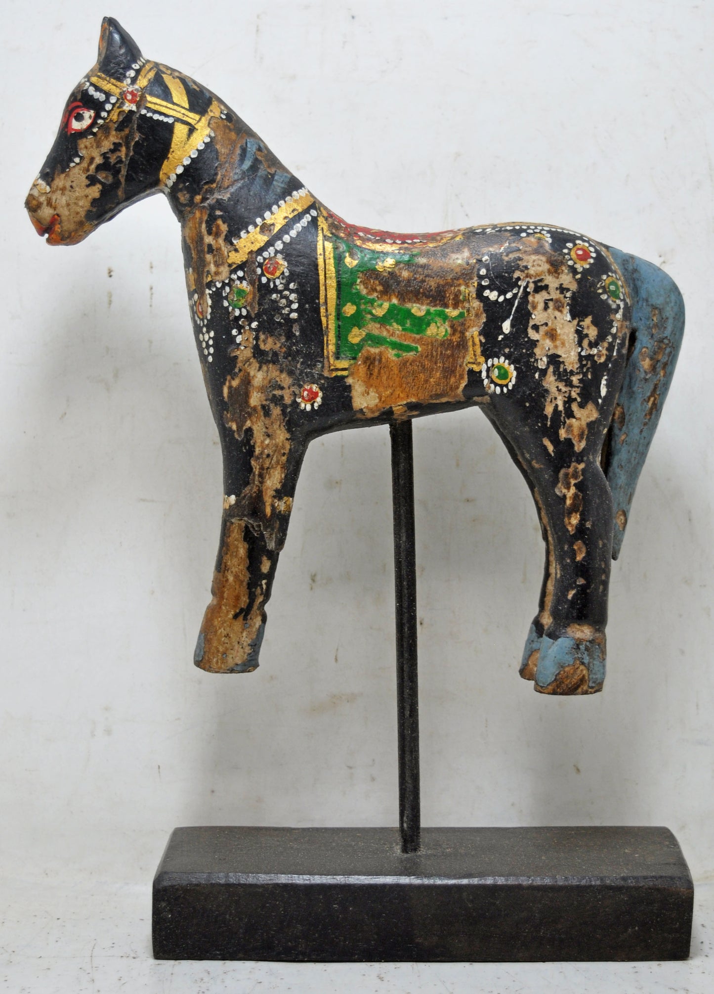 Hand Carved Wooden Horse Figurine on Stand Rustic Painted Black