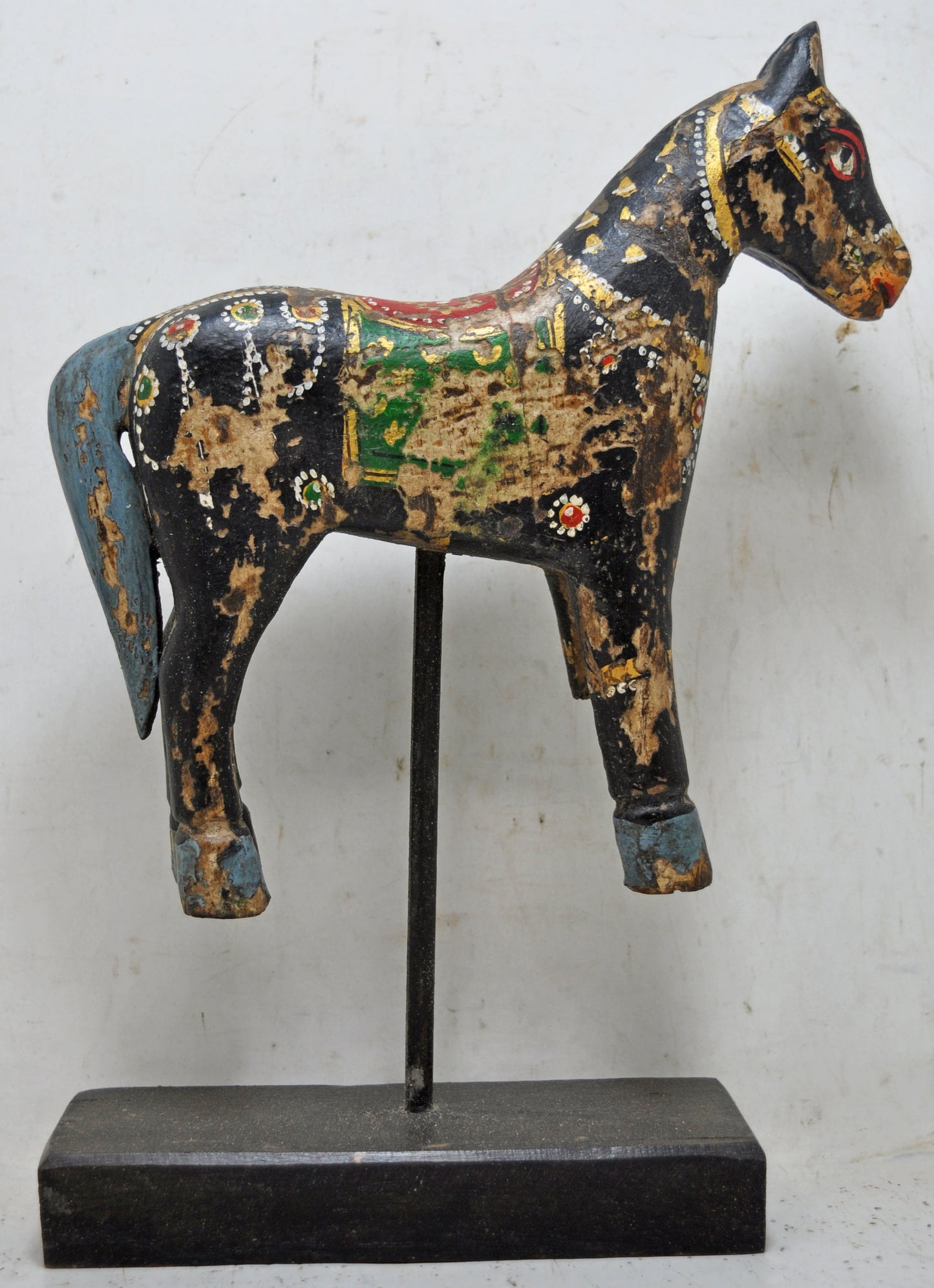 Hand Carved Wooden Horse Figurine on Stand Rustic Painted Black