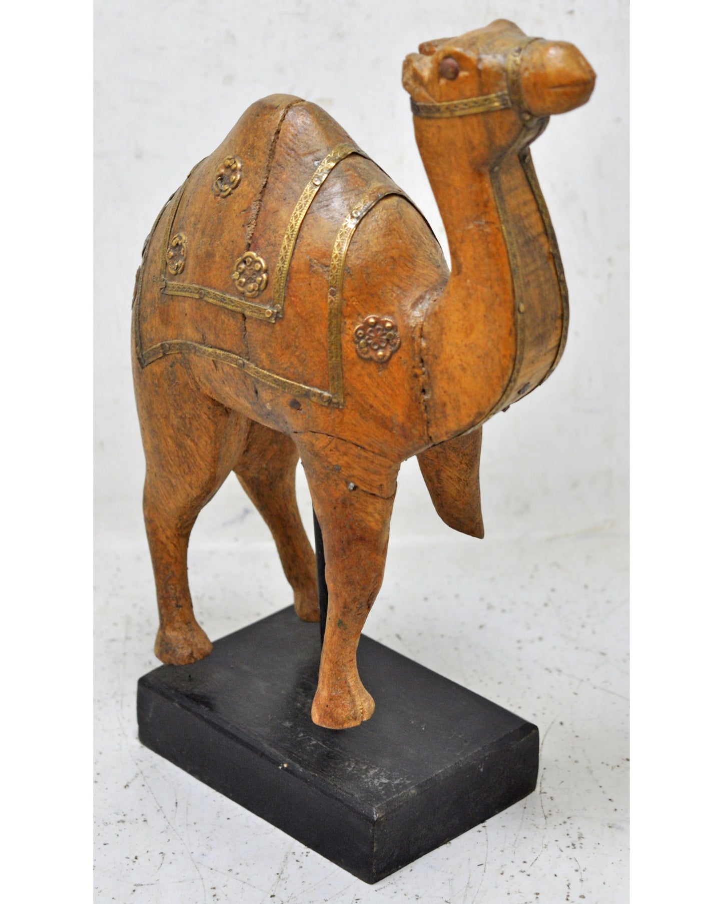 Vintage Wooden Camel Figurine Original Old Hand Carved Brass Fitted