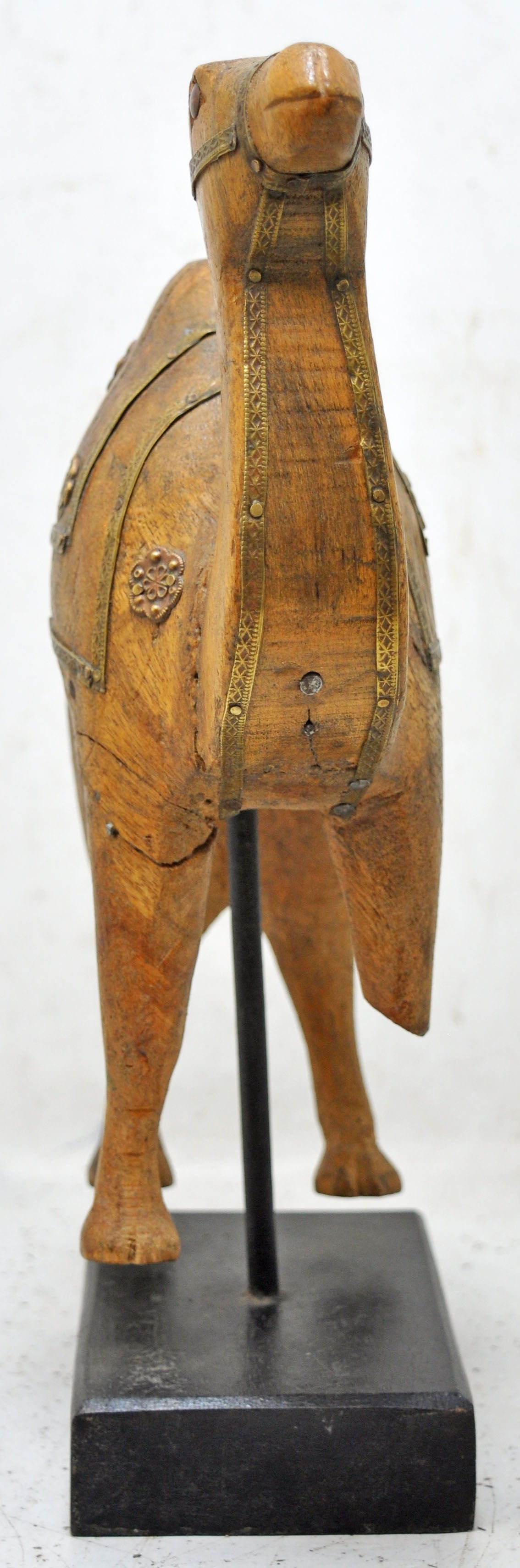Vintage Wooden Camel Figurine Original Old Hand Carved Brass Fitted