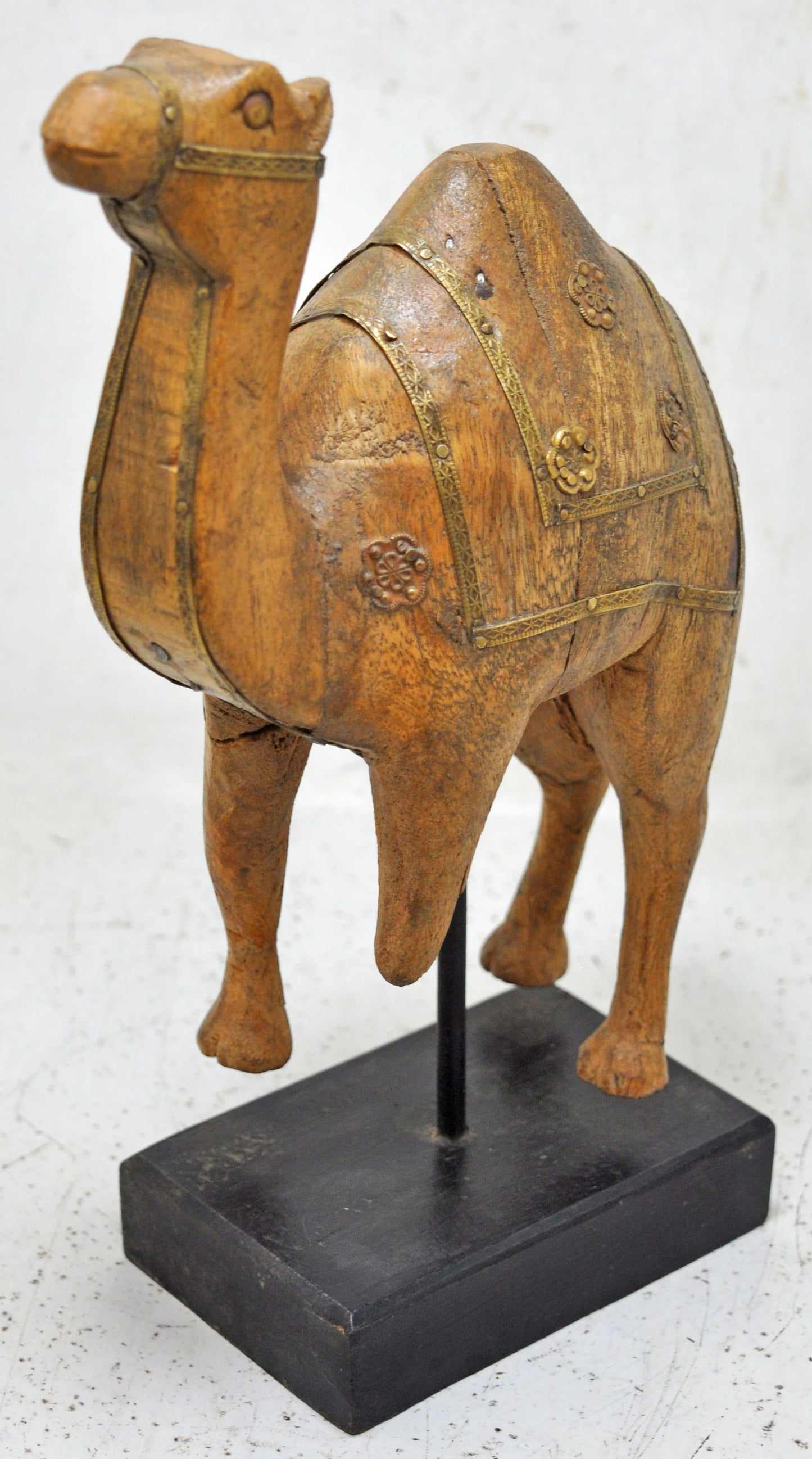 Vintage Wooden Camel Figurine Original Old Hand Carved Brass Fitted