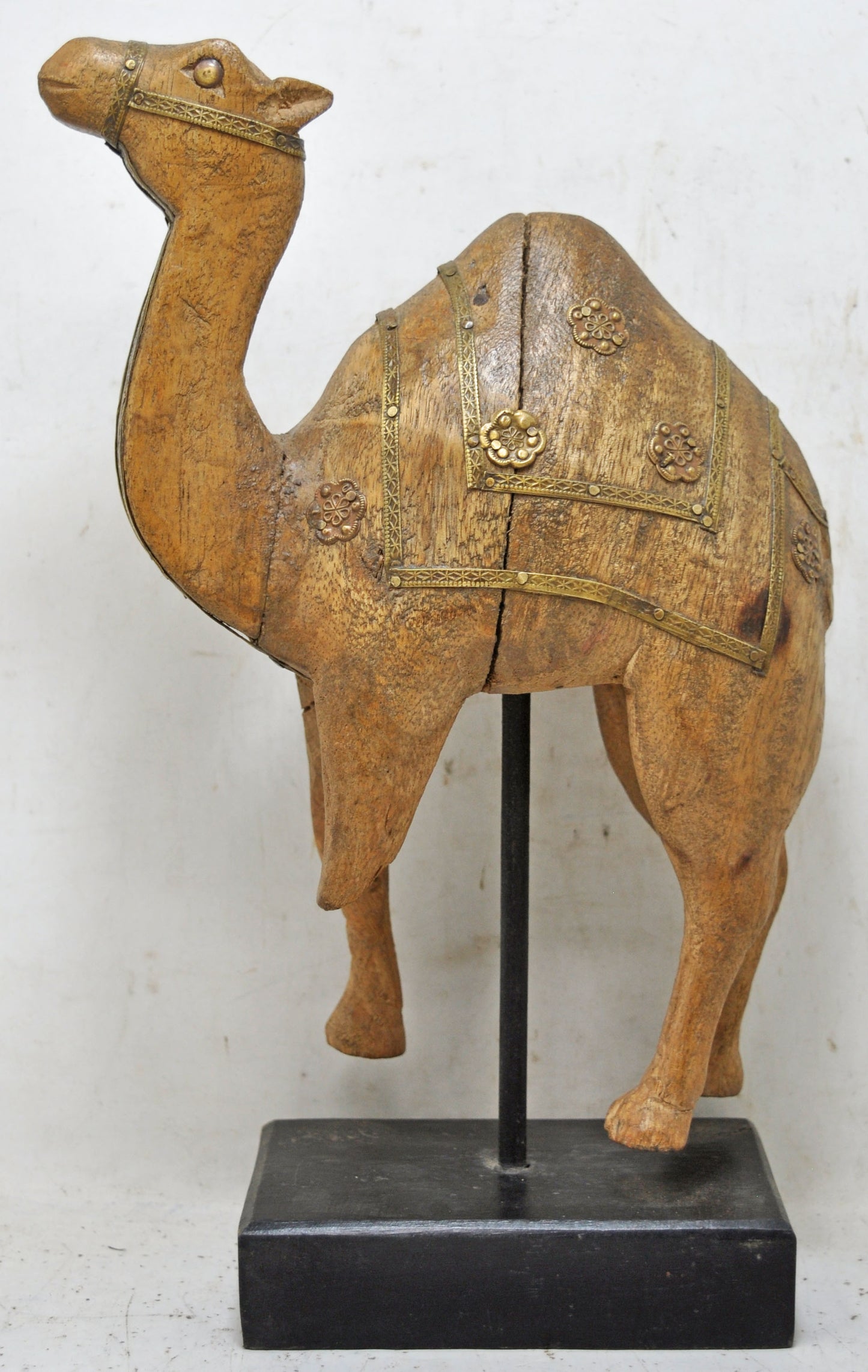 Vintage Wooden Camel Figurine Original Old Hand Carved Brass Fitted