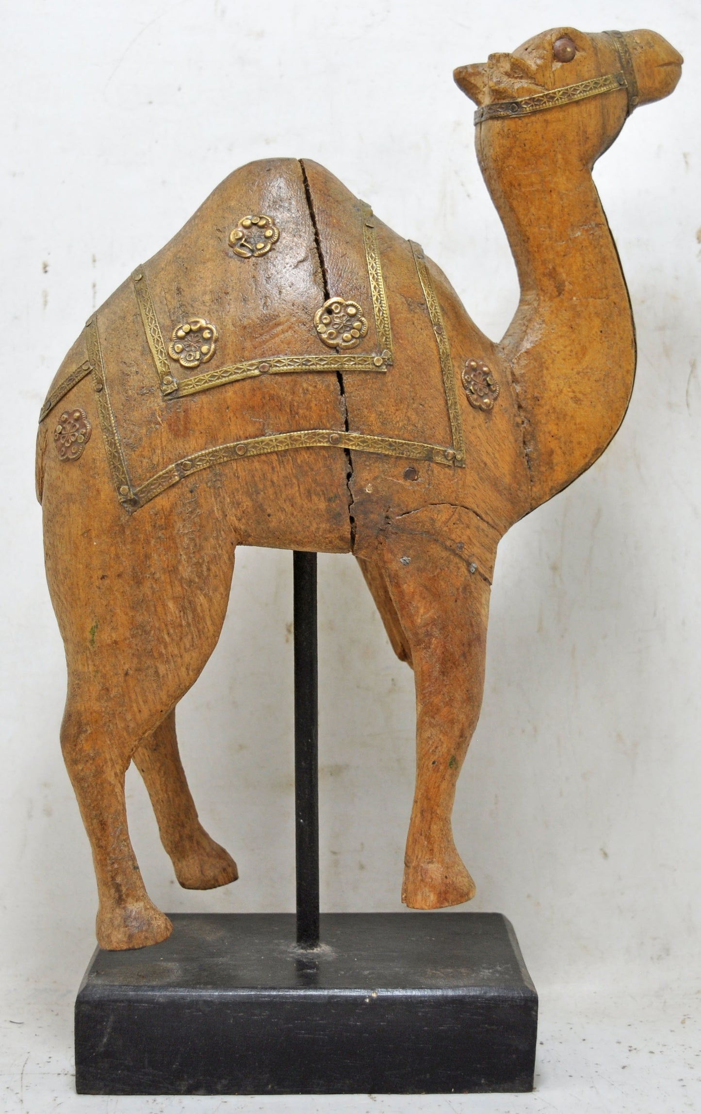 Vintage Wooden Camel Figurine Original Old Hand Carved Brass Fitted