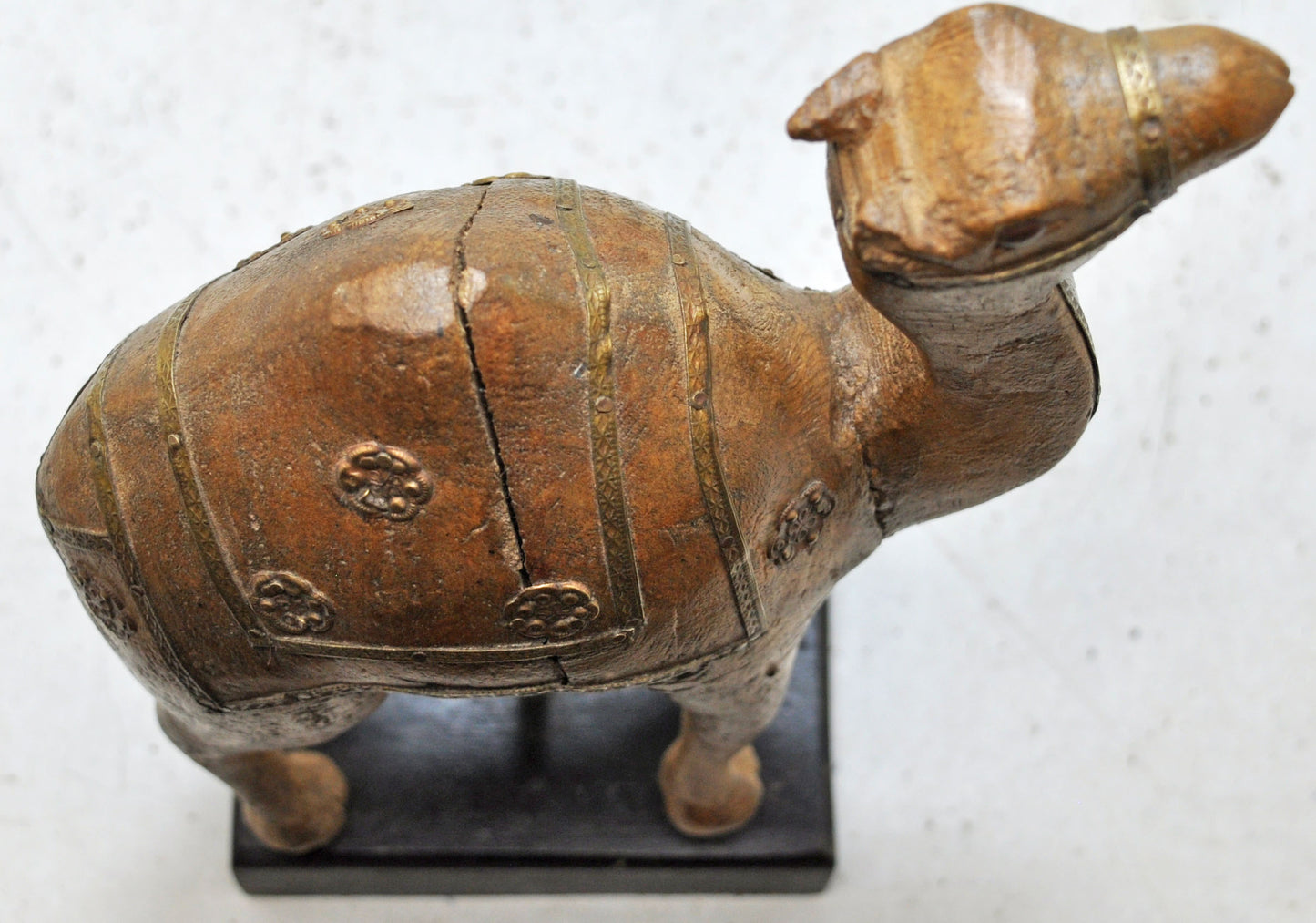 Vintage Wooden Camel Figurine Original Old Hand Carved Brass Fitted