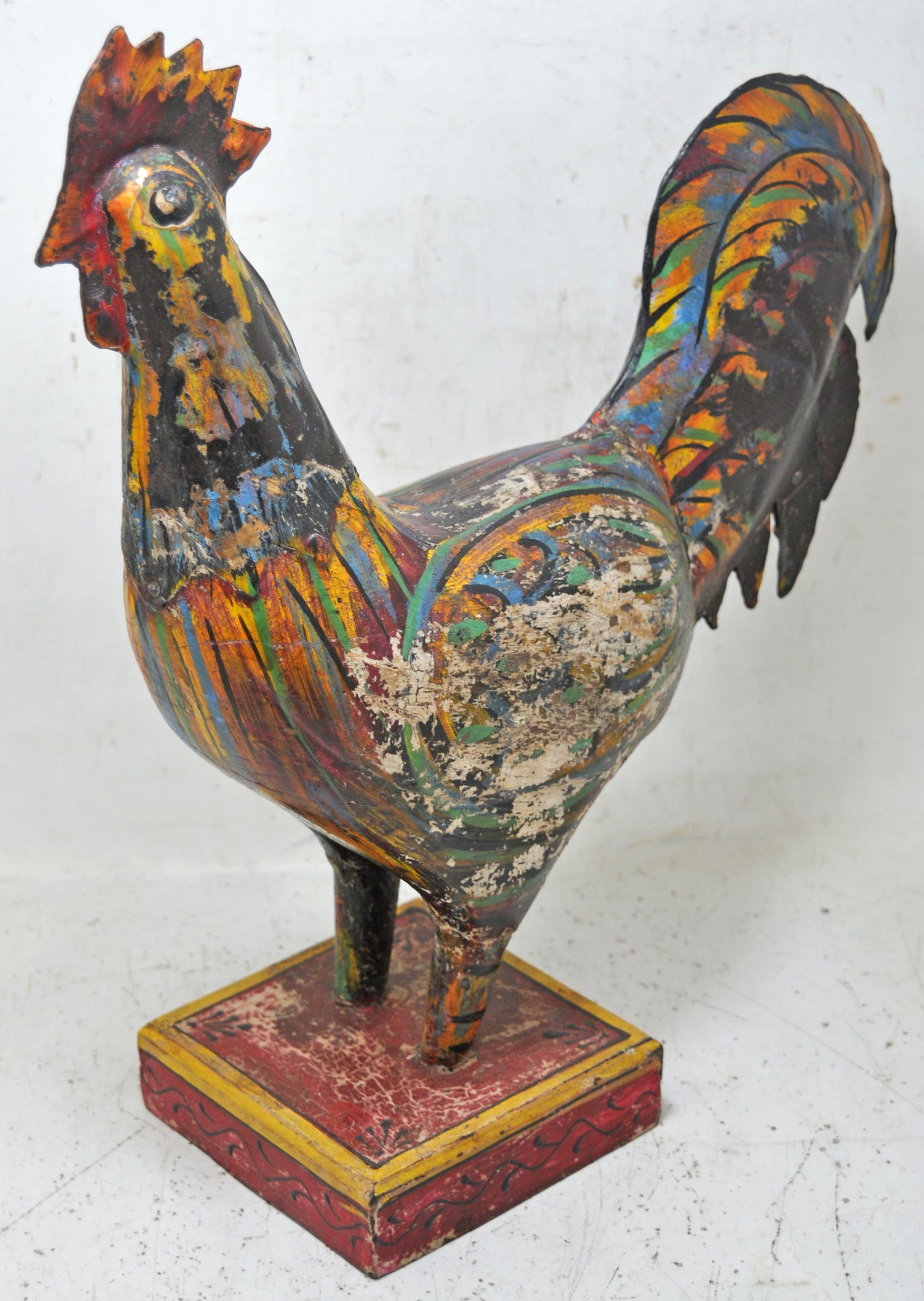 Hand Carved Wooden Iron Rooster Figurine Rustic Hand Painted