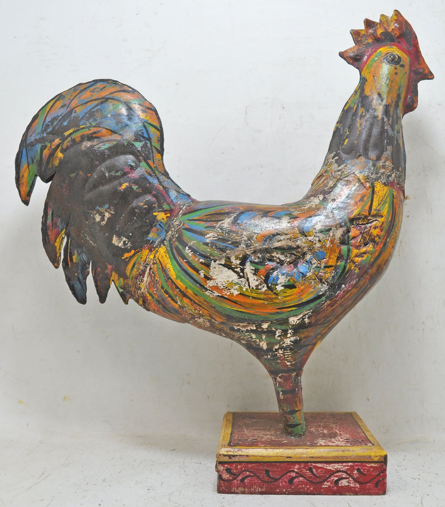 Hand Carved Wooden Iron Rooster Figurine Rustic Hand Painted