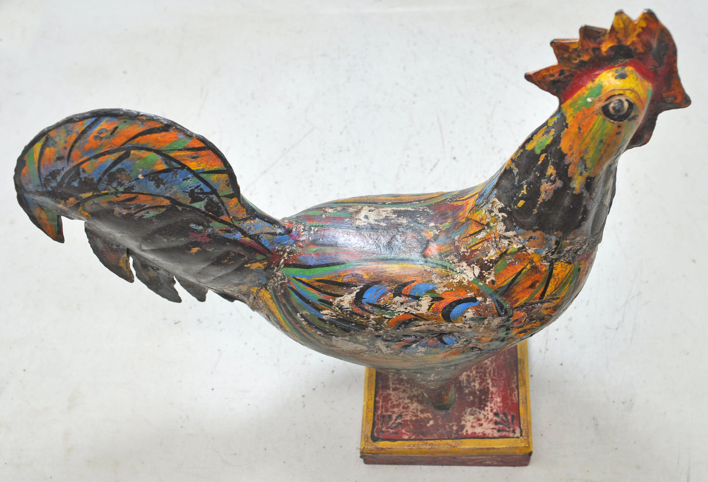 Hand Carved Wooden Iron Rooster Figurine Rustic Hand Painted