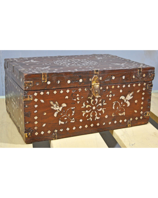 Antique Wooden Large Storage Chest Box Original Old Mother of Pearl Inlay