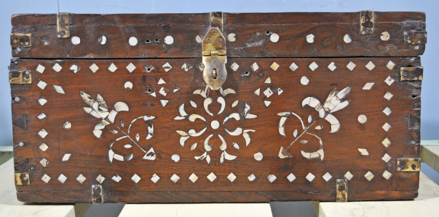 Antique Wooden Large Storage Chest Box Original Old Mother of Pearl Inlay