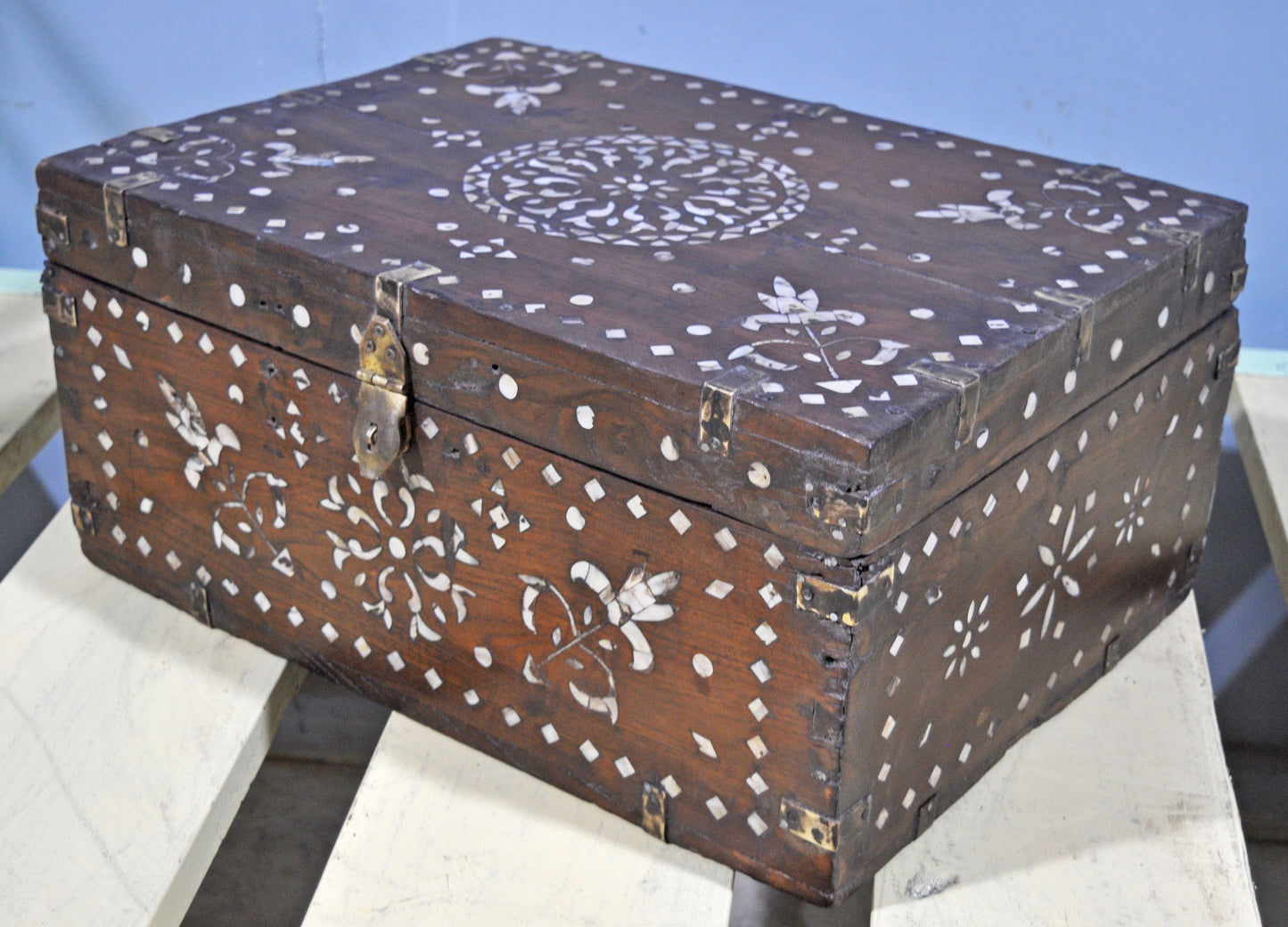 Antique Wooden Large Storage Chest Box Original Old Mother of Pearl Inlay