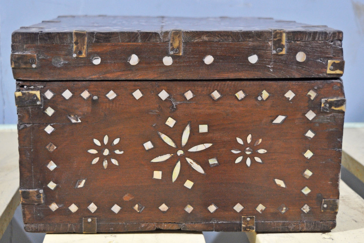 Antique Wooden Large Storage Chest Box Original Old Mother of Pearl Inlay
