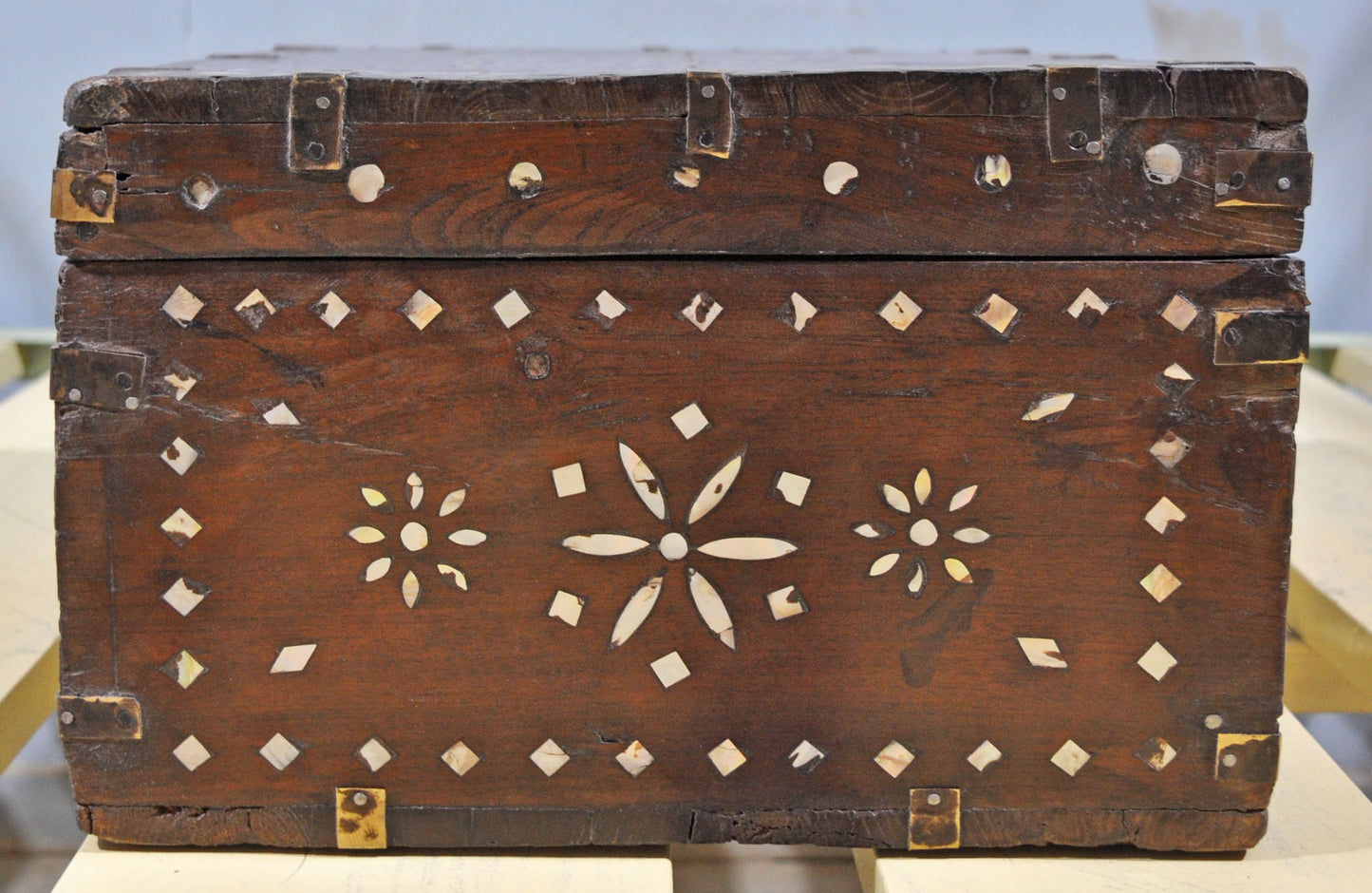 Antique Wooden Large Storage Chest Box Original Old Mother of Pearl Inlay