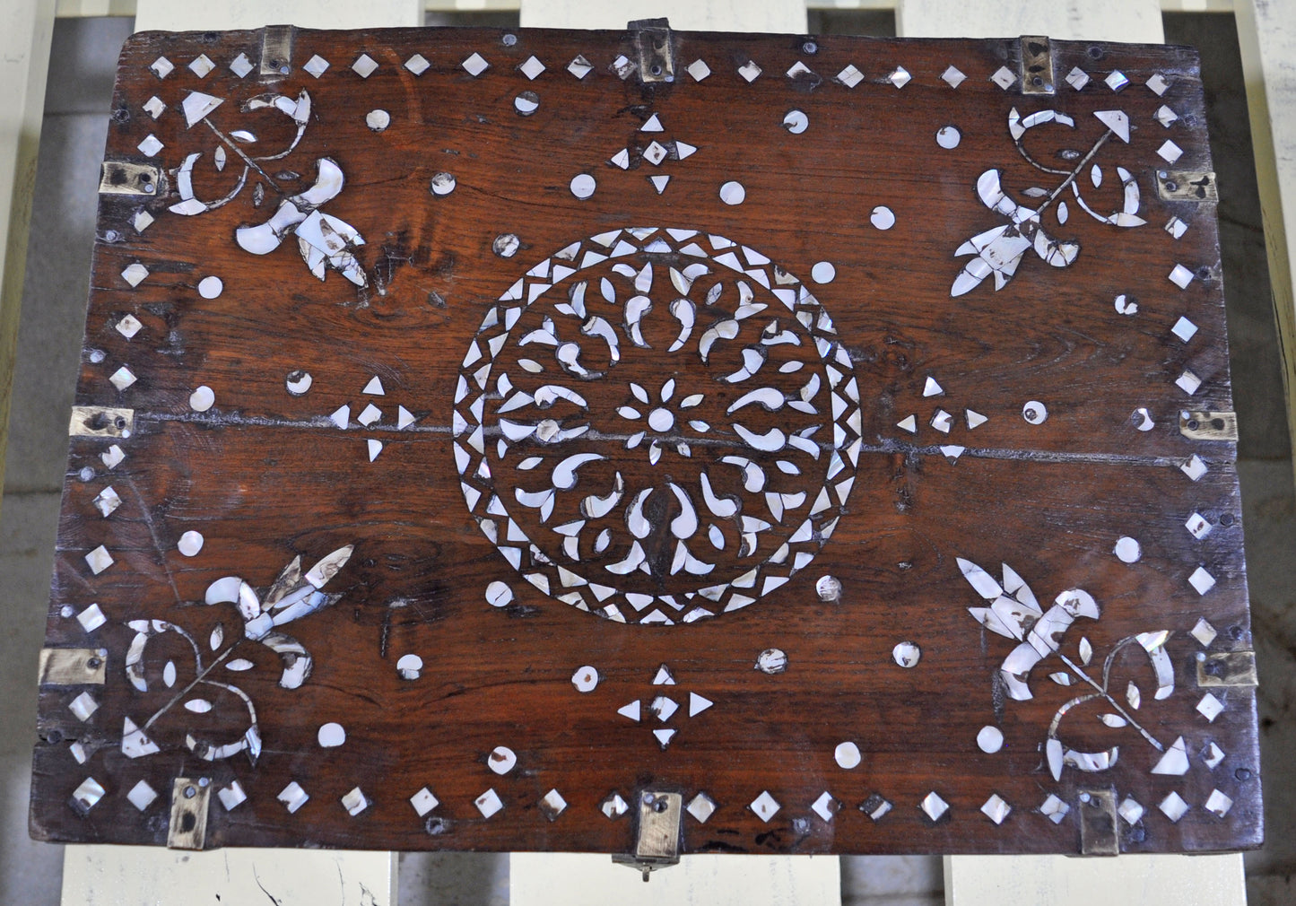 Antique Wooden Large Storage Chest Box Original Old Mother of Pearl Inlay