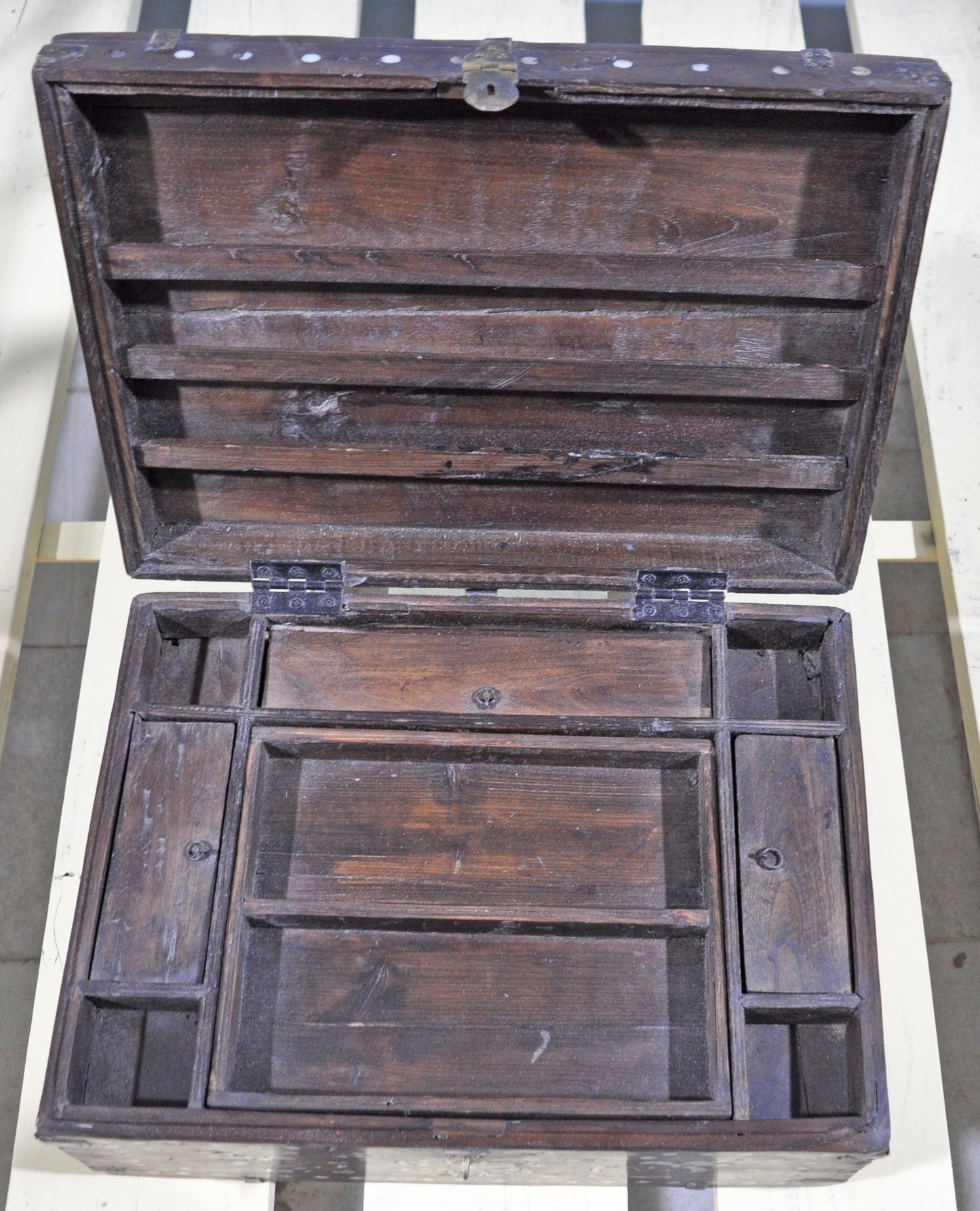 Antique Wooden Large Storage Chest Box Original Old Mother of Pearl Inlay