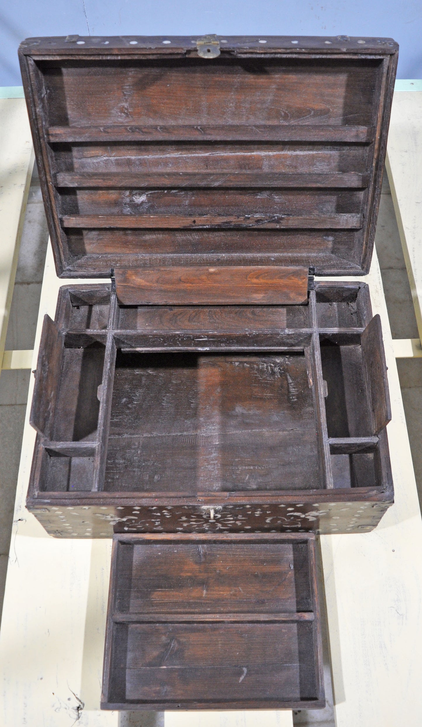 Antique Wooden Large Storage Chest Box Original Old Mother of Pearl Inlay