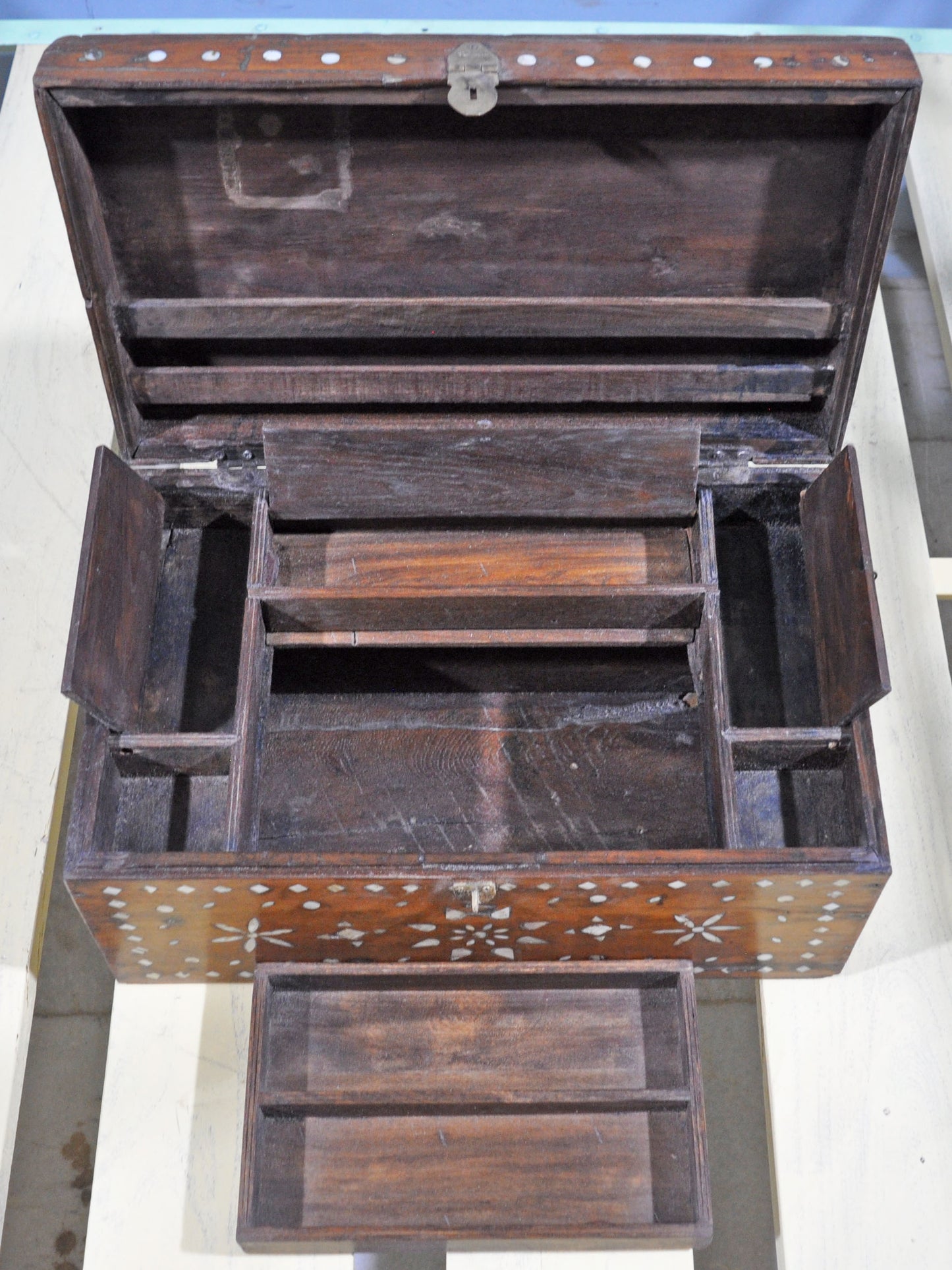 Antique Wooden Large Storage Chest Box Original Old Mother of Pearl Inlay